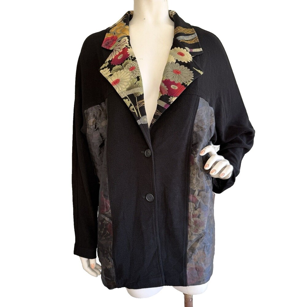 CONNIE'S MOONLIGHT Jacket NWT Black Floral Organza Overlay Asian Art to Wear L